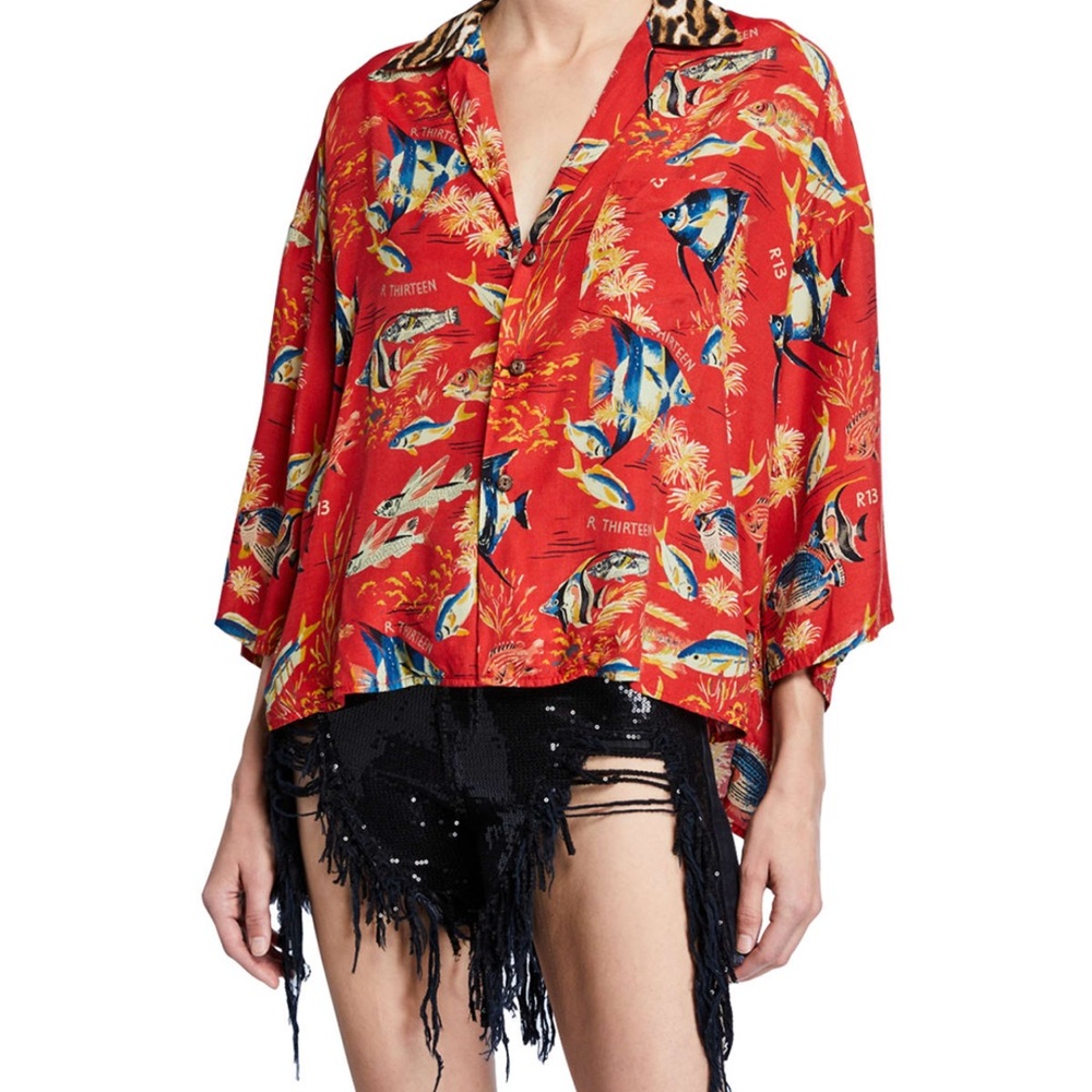 R13 Red Tropical Print Button Down Shirt